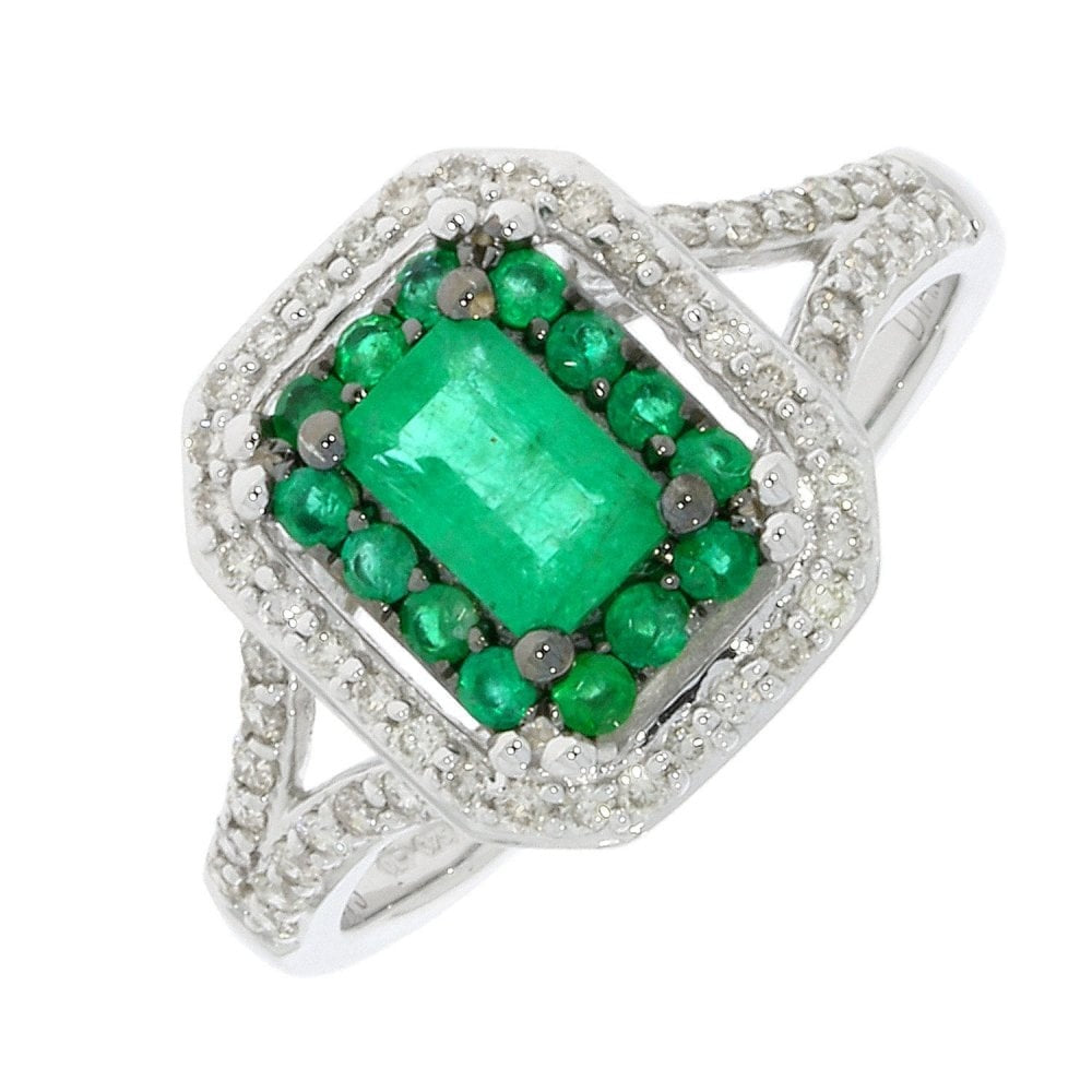9CT EMERALD CUT EMERALD & DIAMOND RING WITH SPLIT SHOULDER DETAIL 0.33CT DIAMOND