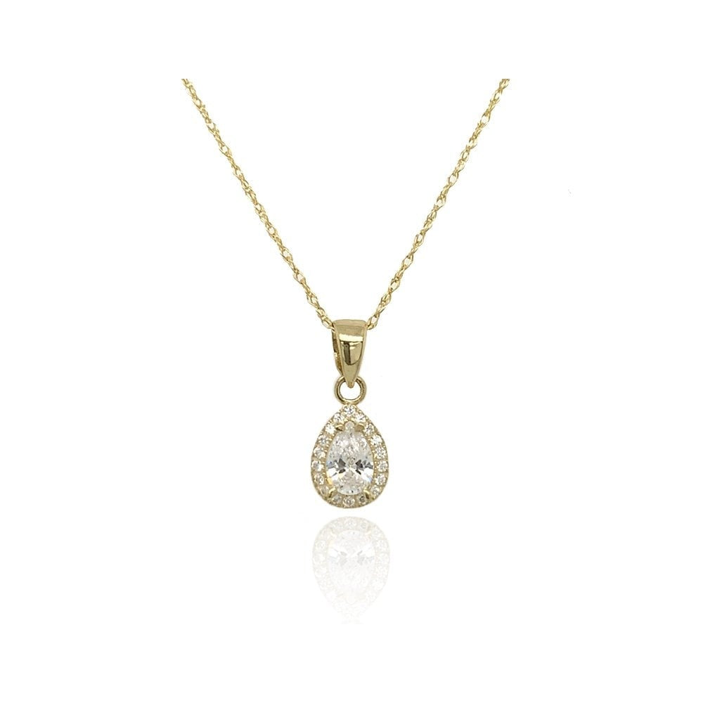 9CT GOLD CUBIC ZIRCONIA HALO STYLE TEARDROP PENDANT WITH A 9CT GOLD 18" CHAIN