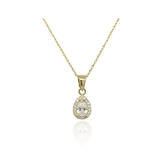 9CT GOLD CUBIC ZIRCONIA HALO STYLE TEARDROP PENDANT WITH A 9CT GOLD 18" CHAIN