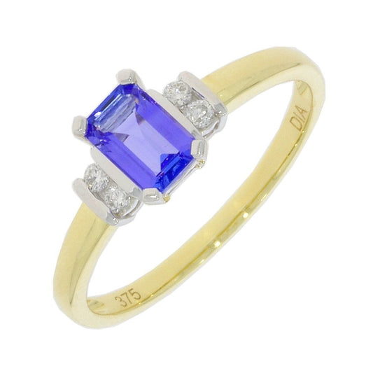 9CT GOLD EMERALD CUT TANZANITE & DIAMOND RING WITH 0.06CT DIAMOND