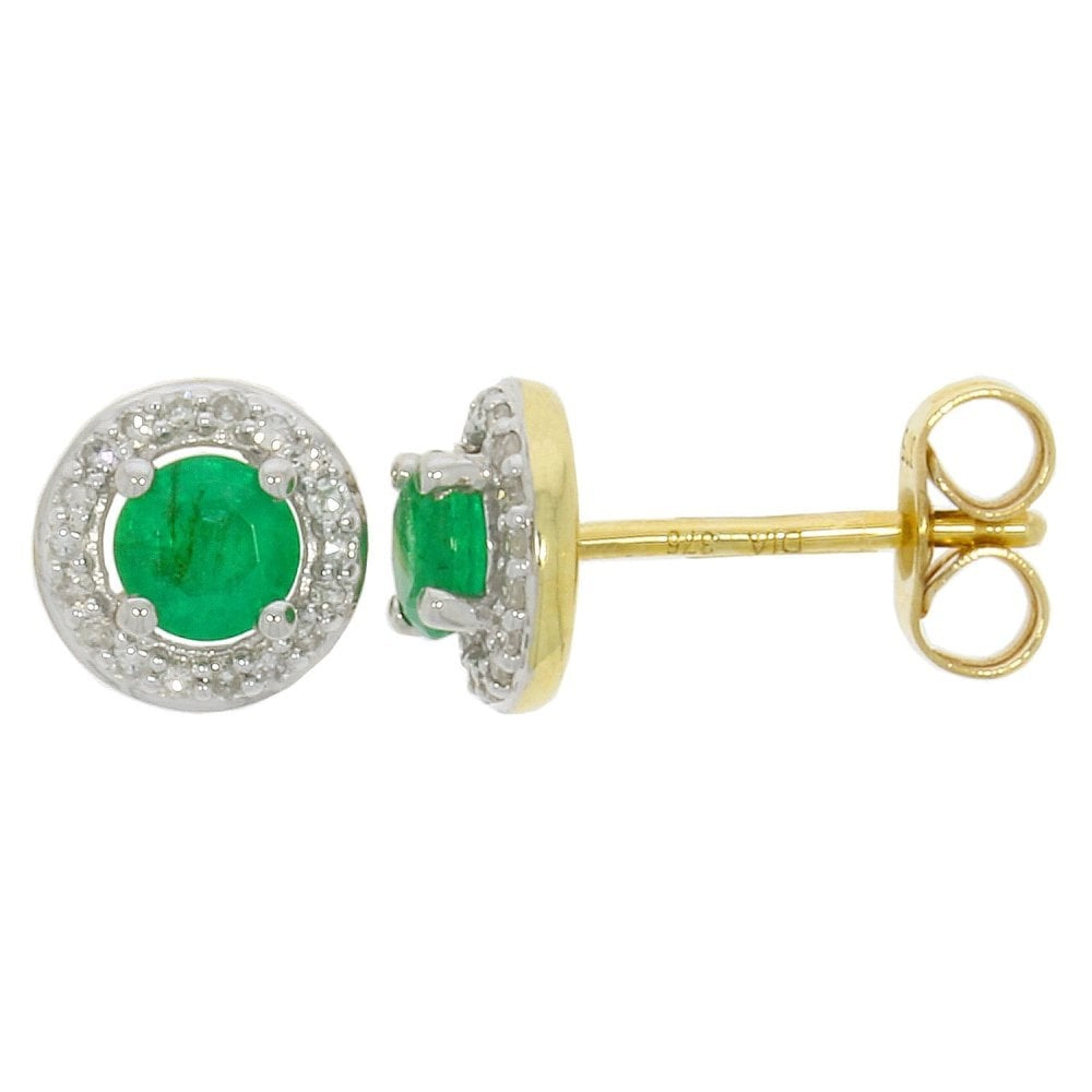 9CT GOLD EMERALD & DIAMOND STUD EARRINGS WITH 4MM ROUND EMERALDS