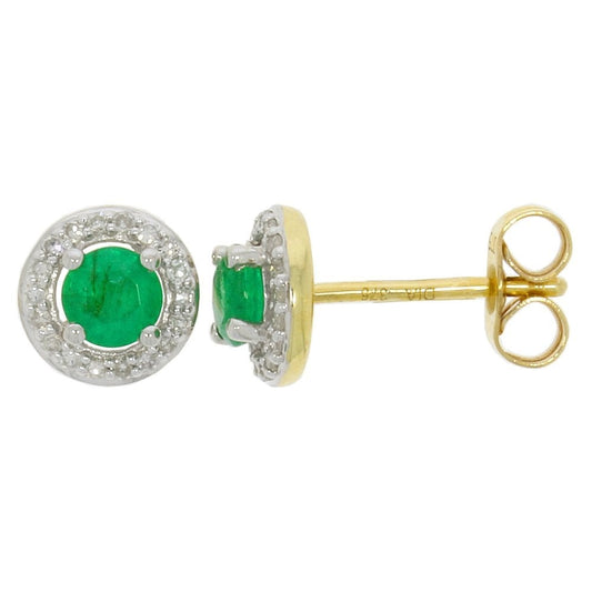 9CT GOLD EMERALD & DIAMOND STUD EARRINGS WITH 4MM ROUND EMERALDS