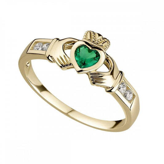 9CT GOLD EMERALD & ZIRCONIA CLADDAGH RING 