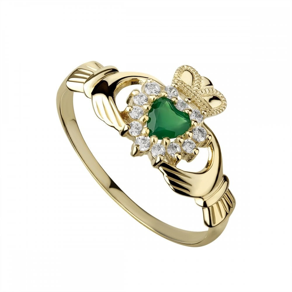 9CT GOLD GREEN AGATE & ZIRCONIA CLADDAGH RING