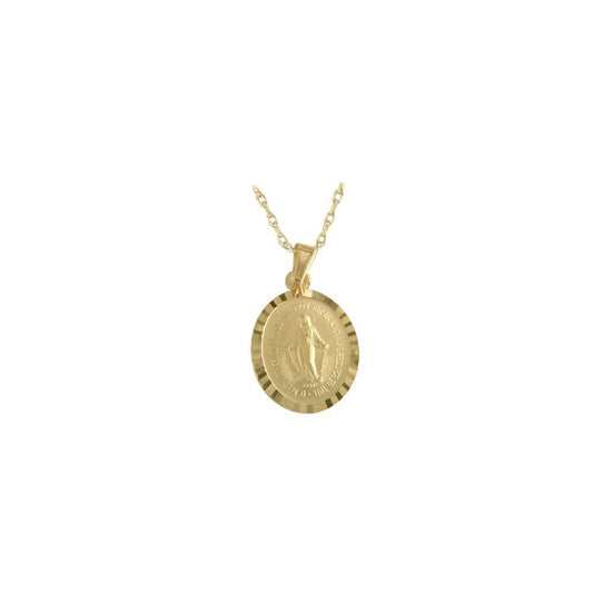 9CT GOLD MIRACOLOUS MEDAL WITH EDGING AROUND THE CIRCUMFERENCE & 18" 9CT GOLD CHAIN