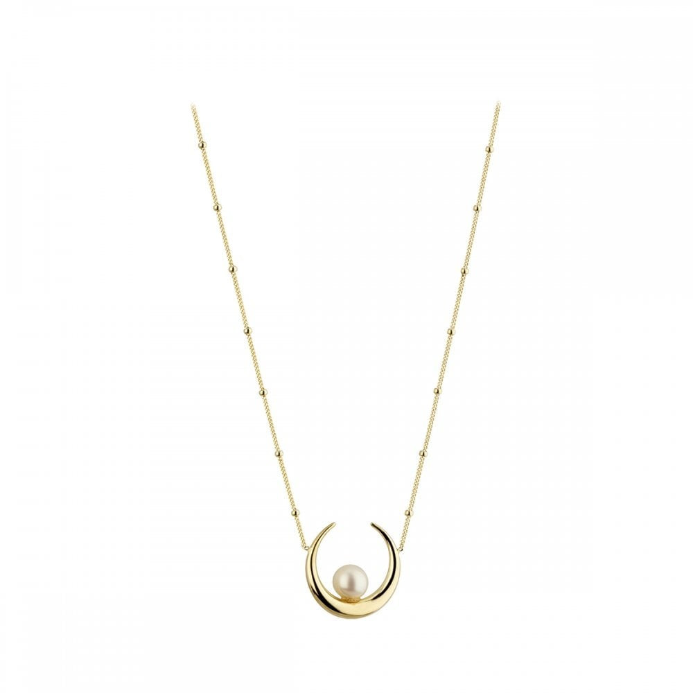 9CT GOLD MOON CRESCENT NECKLACE WITH CULTURED PEARL & BEADED 18" 9CT GOLD CHAIN