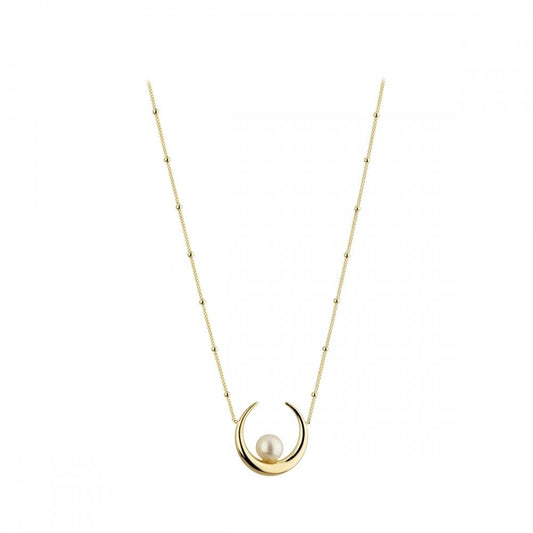 9CT GOLD MOON CRESCENT NECKLACE WITH CULTURED PEARL & BEADED 18" 9CT GOLD CHAIN