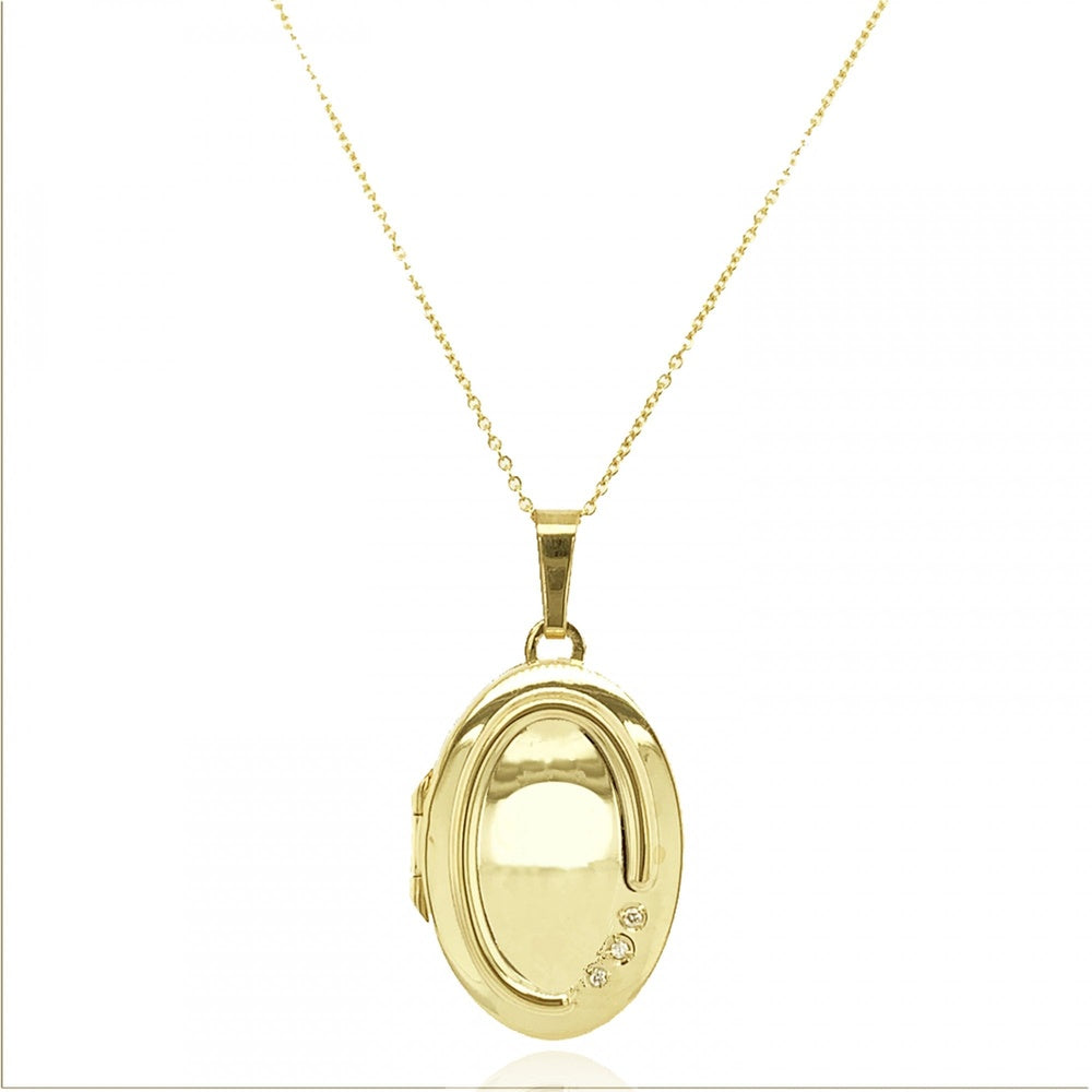 9CT GOLD OVAL LOCKET WITH 3 DIAMONDS & A 9CT GOLD 18" CHAIN