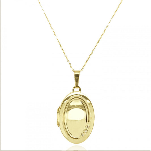 9CT GOLD OVAL LOCKET WITH 3 DIAMONDS & A 9CT GOLD 18" CHAIN