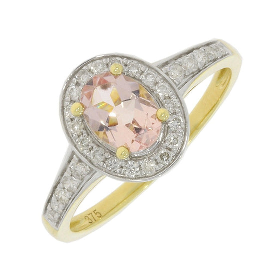 9CT GOLD OVAL MORGANITE & DIAMOND (0.25CT) RING WITH DIAMOND SHOULDERS