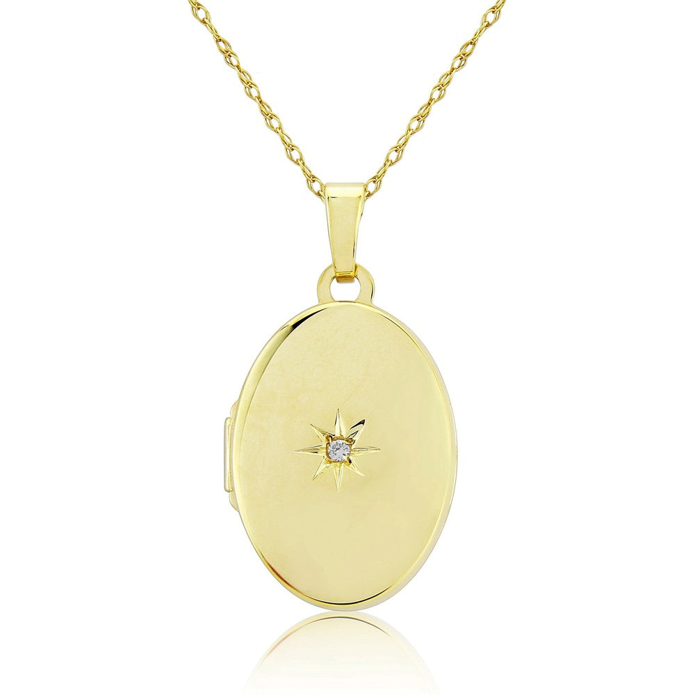 9CT GOLD OVAL SHAPED LOCKET WITH CENTRE DIAMOND AND 18" 9CT CHAIN