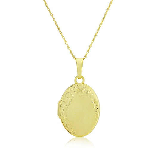 9CT GOLD OVAL SHAPED LOCKET WITH LEAF LIKE DETAIL AND 18" GOLD CHAIN