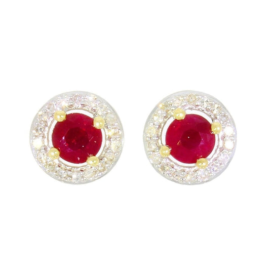 9CT GOLD RIUBY & DIAMOND ROUND CLUSTER STUD EARRINGS - 0.14CT DIAMOND