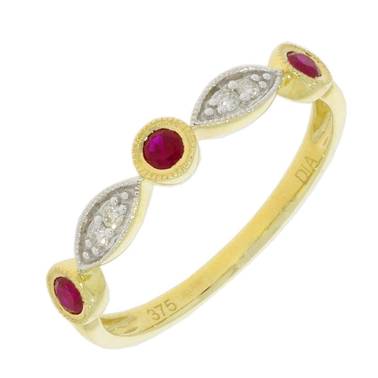 9CT GOLD RUBY & DIAMOND RING WITH 4 DIAMONDS (0.05CT) & 3 RUBIES