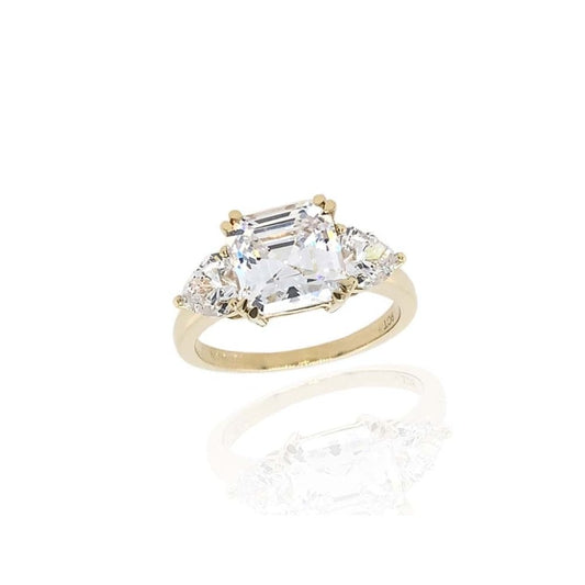 9CT GOLD WITH SQUARE CUBIC ZIRCONIA CENTRE STONE AND 2 TRIANGULAR SHAPED STONES AT EITHER SIDE 