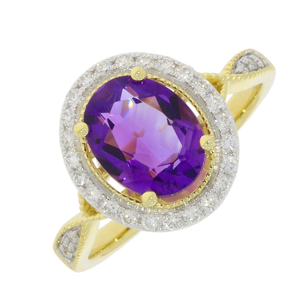 9CT OVAL AMETHYST & DIAMOND RING WITH DIAMOND SHOULDERS (0.25CT)