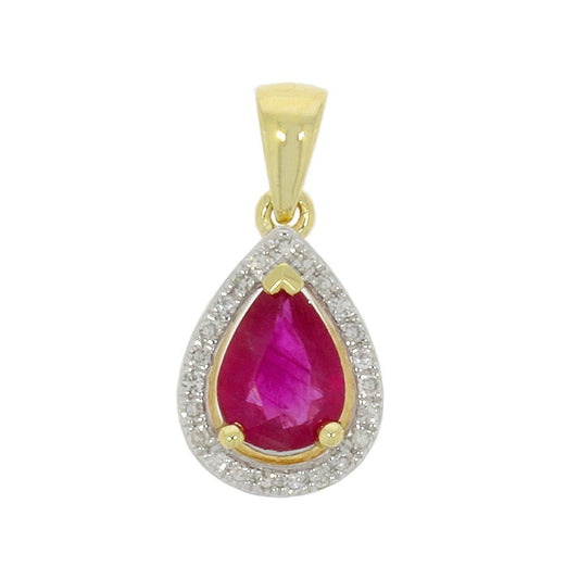 9CT PEAR SHAPED RUBY & DIAMOND PENDANT WITH 0.2CT DIAMOND