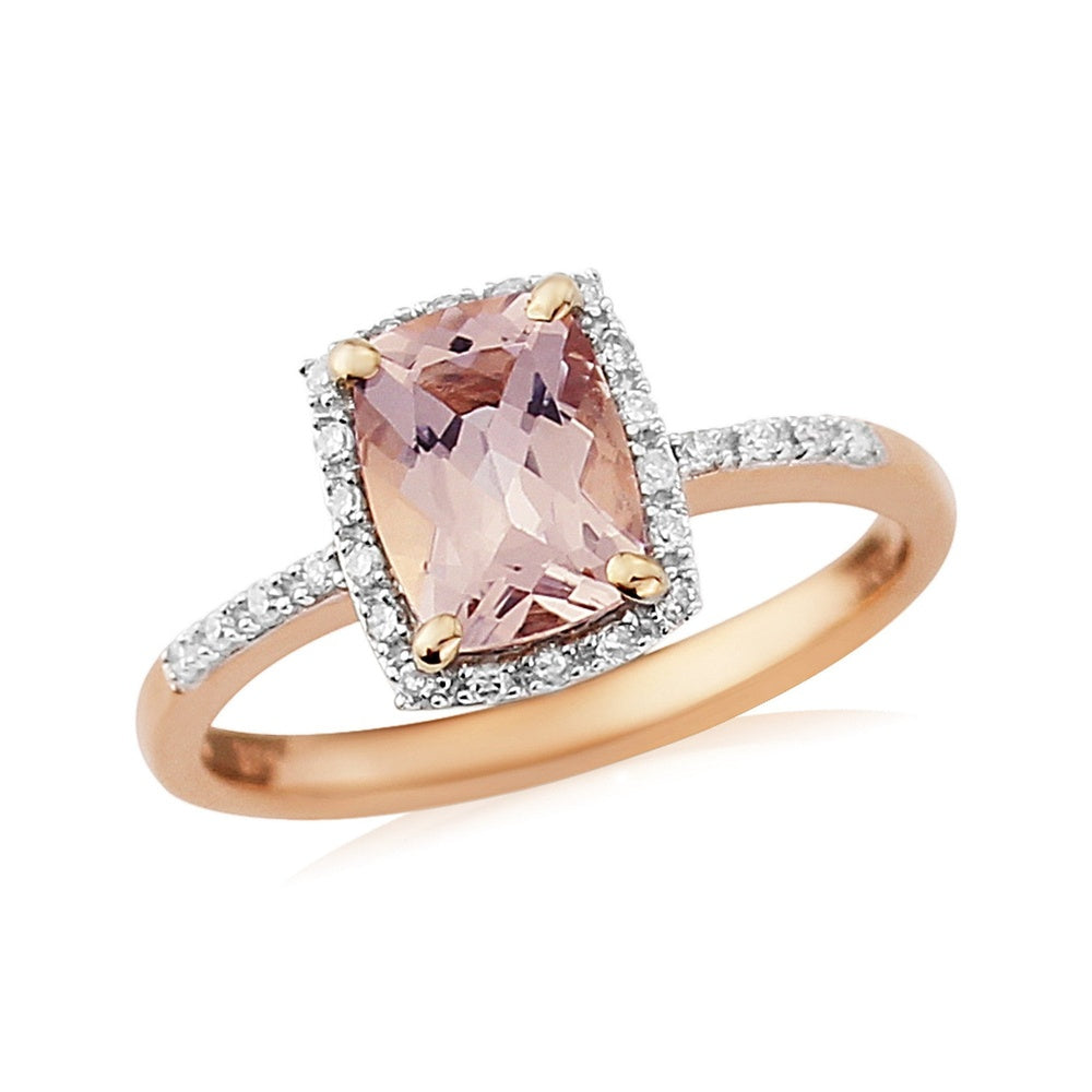9CT ROSE GOLD DIAMOND AND MORGANITE RING WITH DIAMONDS ON SHOULDERS