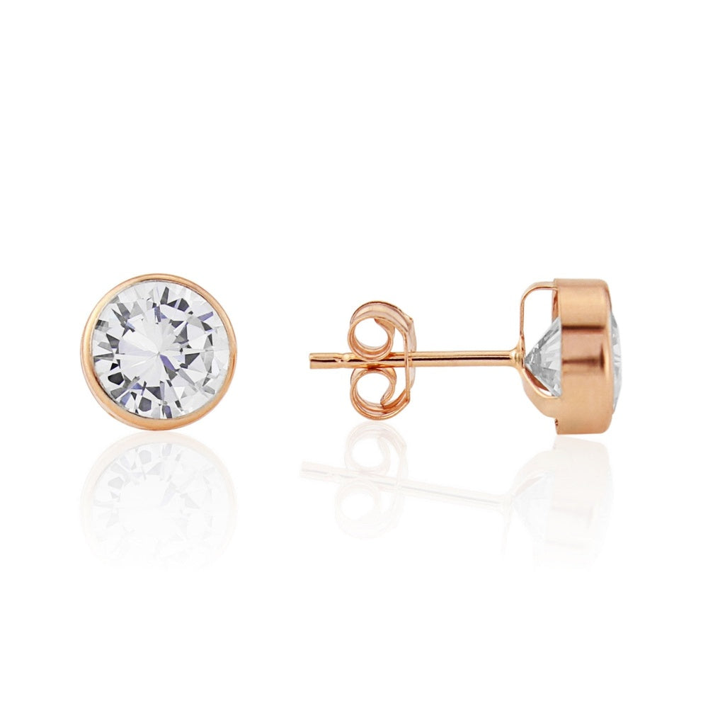 9CT ROSE GOLD ROUND RUBOVER CUBIC ZIRCONIA STUD EARRINGS.