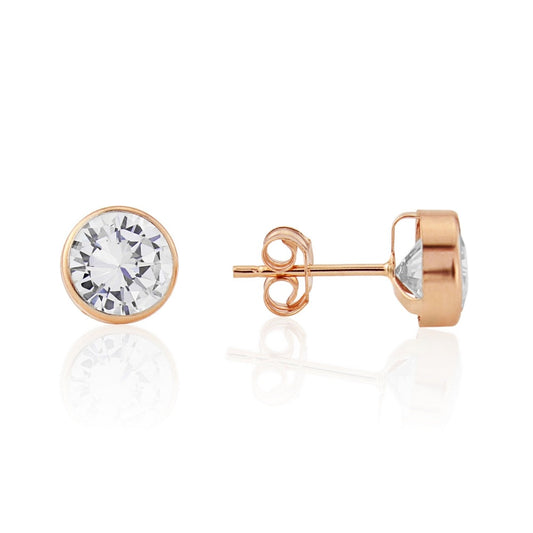 9CT ROSE GOLD ROUND RUBOVER CUBIC ZIRCONIA STUD EARRINGS.