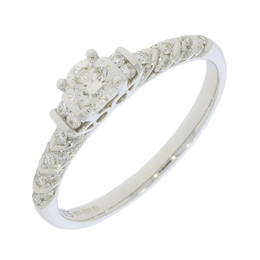 9CT SOLITAIRE DIAMOND WITH 2 DIAMONDS ON EITHER SIDE AND DIAMONDS ON THE BAND