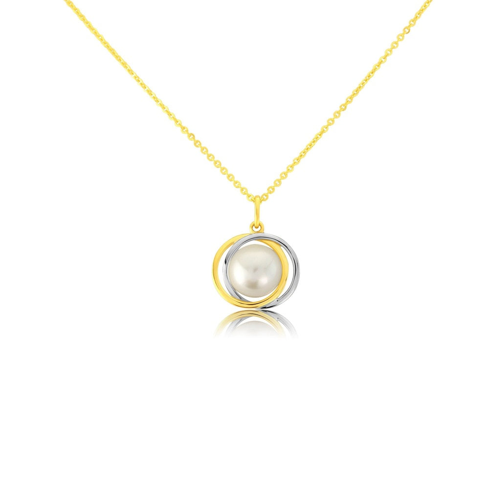 9CT TWO COLOUR GOLD PENDANT WITH CULTURED PEARL AND 18" GOLD CHAIN