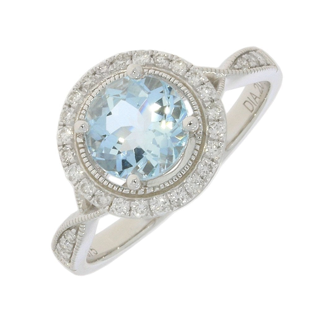 9CT WHITE GOLD AQUAMARINE (7MM) & DIAMOND (0.2CT) RING