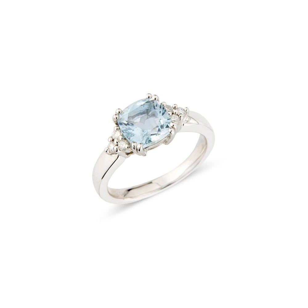 9CT WHITE GOLD AQUAMARINE & DIAMOND 0.09CT RING