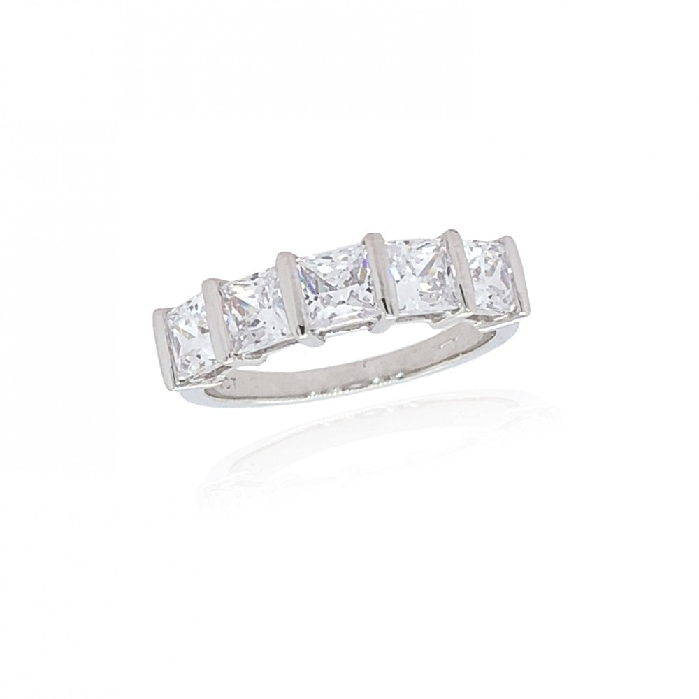 9CT WHITE GOLD ETERNITY STYLE RING WITH 5 SQUARE CUBIC ZIRCONIA STONES