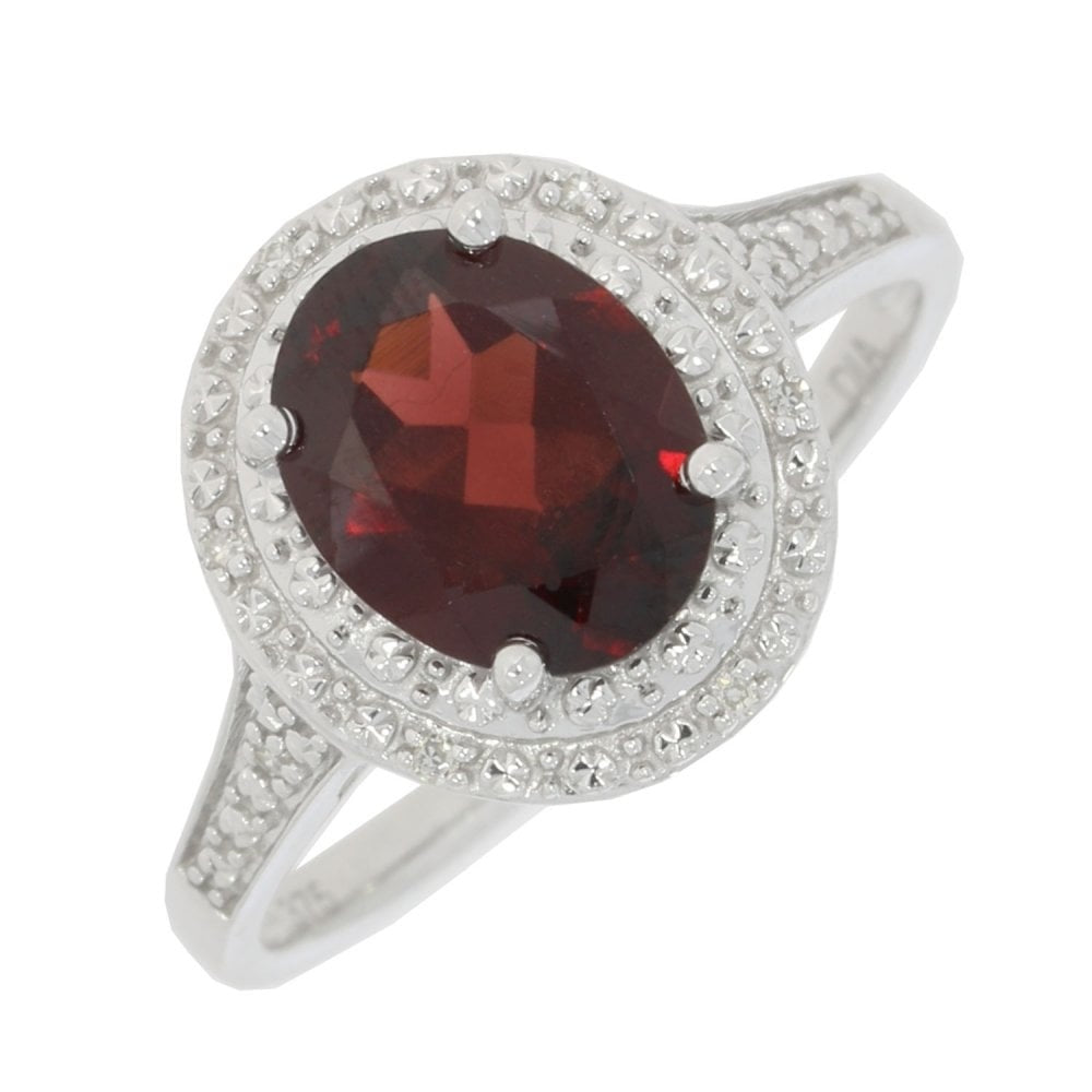 9CT WHITE GOLD GARNET & ZIRCONIA OVAL CLUSTER DRESS RING WITH ZIRCONIA ON SHOULDERS