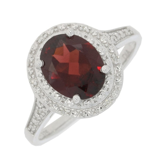 9CT WHITE GOLD GARNET & ZIRCONIA OVAL CLUSTER DRESS RING WITH ZIRCONIA ON SHOULDERS