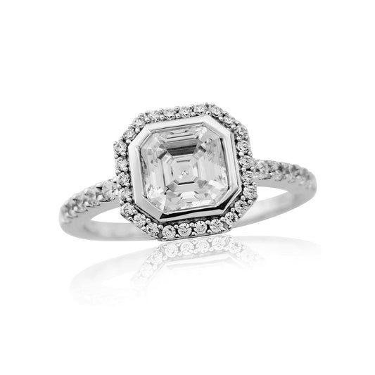 9CT WHITE GOLD OCTAGONAL SHAPED CUBIC ZIRCONIA CLUSTER WITH CZ ON SHOULDERS