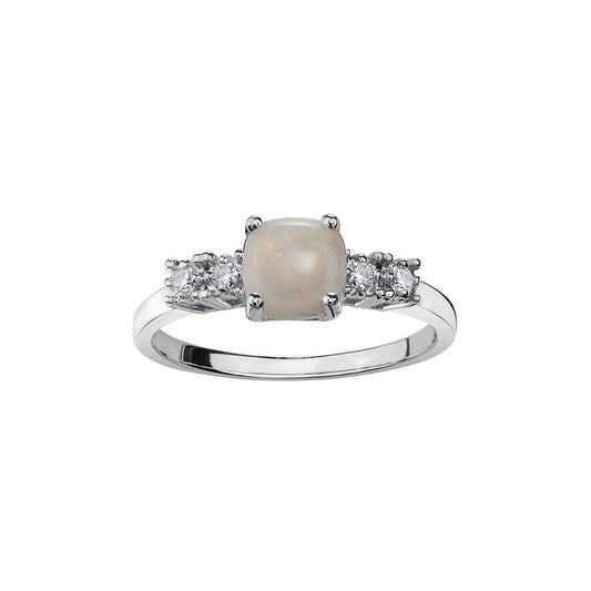 9CT WHITE GOLD OPAL AND DIAMOND RING