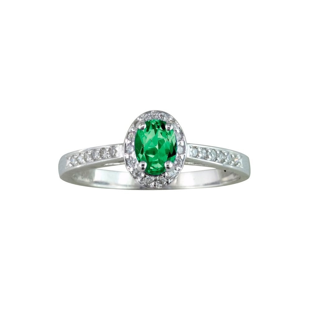 9CT WHITE GOLD OVAL EMERALD & DIAMOND RING