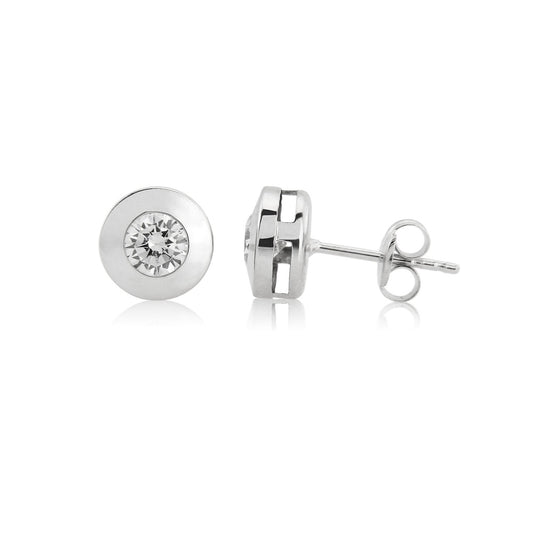 9CT WHITE GOLD RUBOVER DESIGN STUD EARRINGS WITH SMALL CUBIC ZIRCONIA IN SOLID SETTING