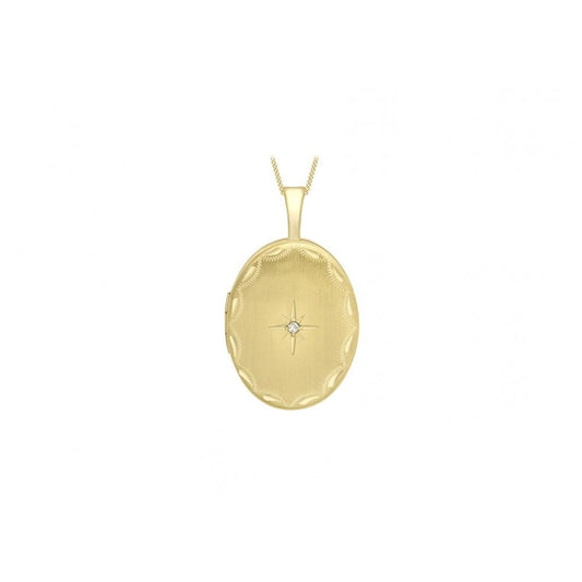 9CT YELLOW GOLD 0.01CT DIAMOND SET 16MM X 25MM ETCHED OVAL LOCKET