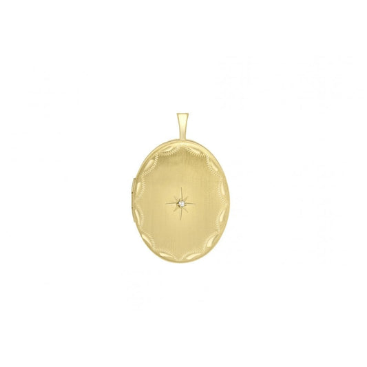9CT YELLOW GOLD 0.01CT DIAMOND SET 20MM X 32MM ETCHED OVAL LOCKET