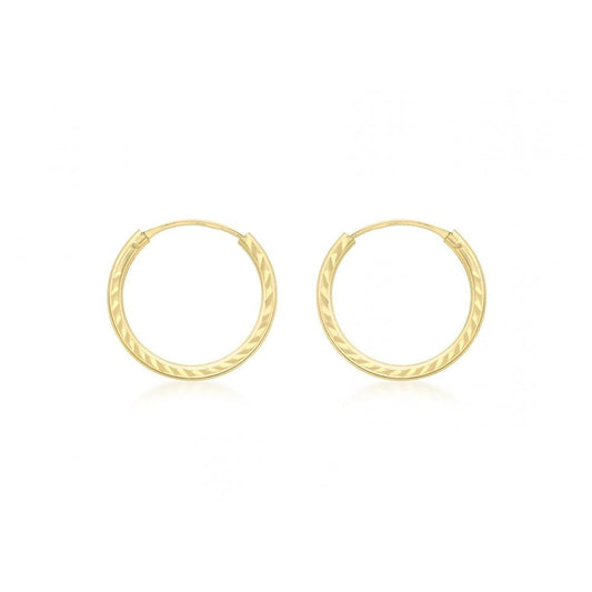 9CT YELLOW GOLD 13MM DIAMOND CUT SLEEPER HOOP EARRINGS