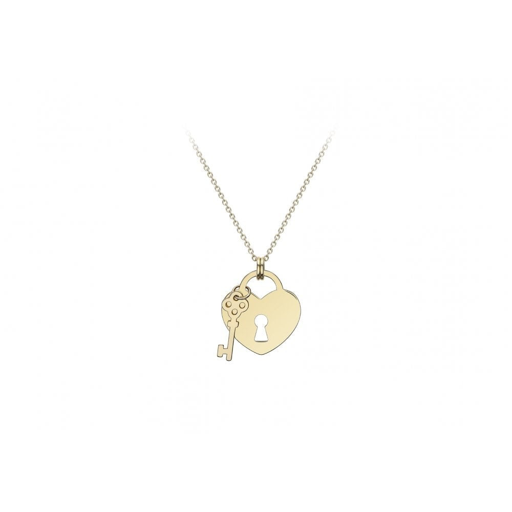 9CT YELLOW GOLD 14.7MM X 15.9MM HEART-PADLOCK AND 5.2MM X 13MM KEY ADJUSTABLE NECKLACE 41CM/16"- 43CM/17"