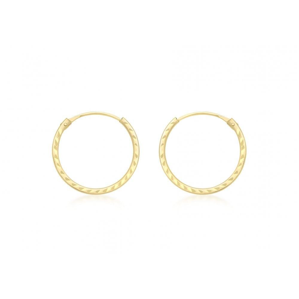 9CT YELLOW GOLD 15MM DIAMOND CUT SLEEPER HOOP EARRINGS