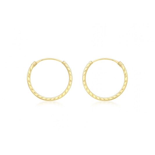 9CT YELLOW GOLD 15MM DIAMOND CUT SLEEPER HOOP EARRINGS
