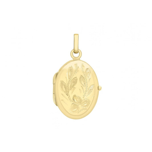 9CT YELLOW GOLD 17MM X 28MM ENGRAVED FLOWER OVAL LOCKET