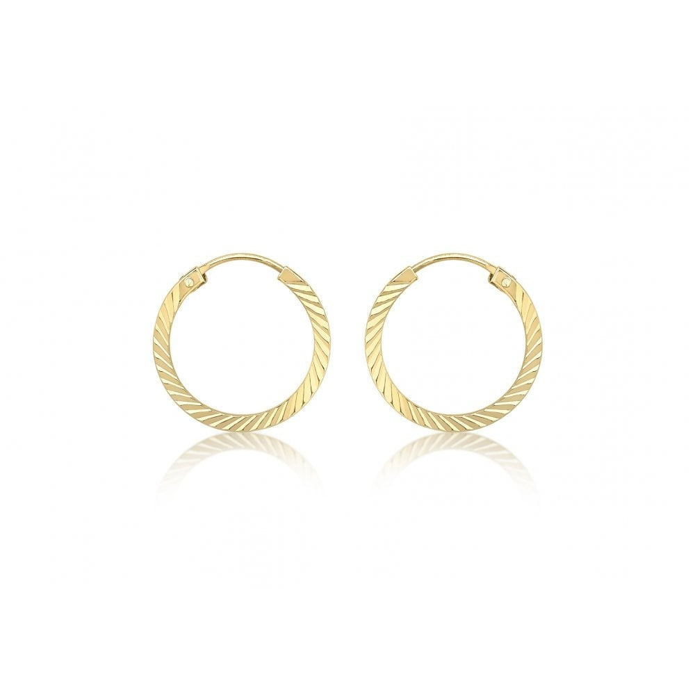 9CT YELLOW GOLD 1MM TUBE 12.5MM DIAMOND CUT SLEEPER HOOP EARRINGS