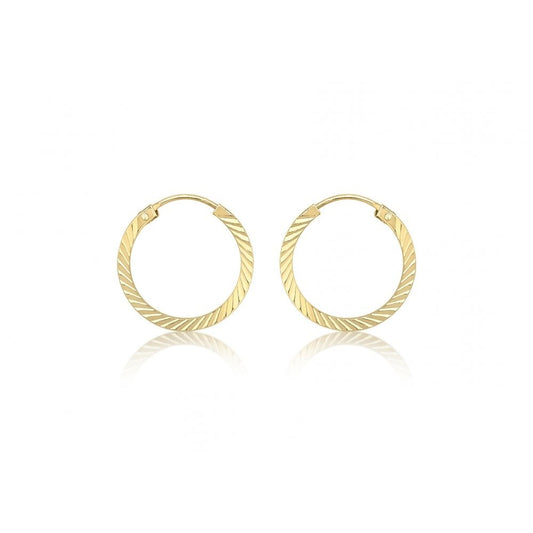 9CT YELLOW GOLD 1MM TUBE 12.5MM DIAMOND CUT SLEEPER HOOP EARRINGS