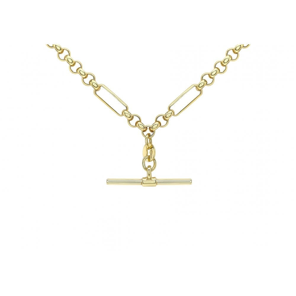9CT YELLOW GOLD 24.8MM X 1.7MM T-BAR FIGARO BELCHER CHAIN ALBERT CLASP NECKLACE