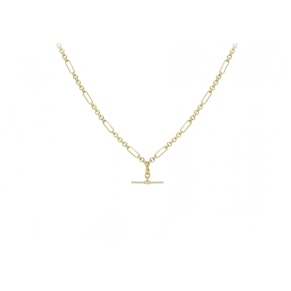 9CT YELLOW GOLD 24.8MM X 1.7MM T-BAR FIGARO BELCHER CHAIN ALBERT CLASP NECKLACE