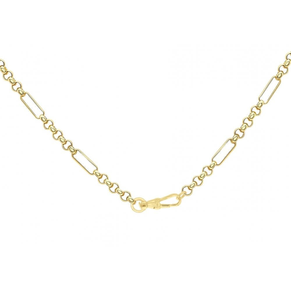 9CT YELLOW GOLD 24.8MM X 1.7MM T-BAR FIGARO BELCHER CHAIN ALBERT CLASP NECKLACE