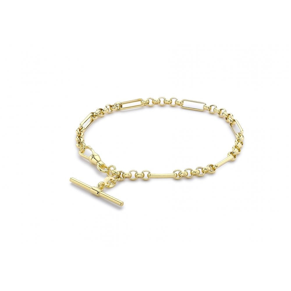 9CT YELLOW GOLD 25MM X 1.5MM T-BAR FIGARO BELCHER CHAIN ALBERT-CLASP BRACELET 19CM/7.5########