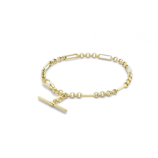 9CT YELLOW GOLD 25MM X 1.5MM T-BAR FIGARO BELCHER CHAIN ALBERT-CLASP BRACELET 19CM/7.5########