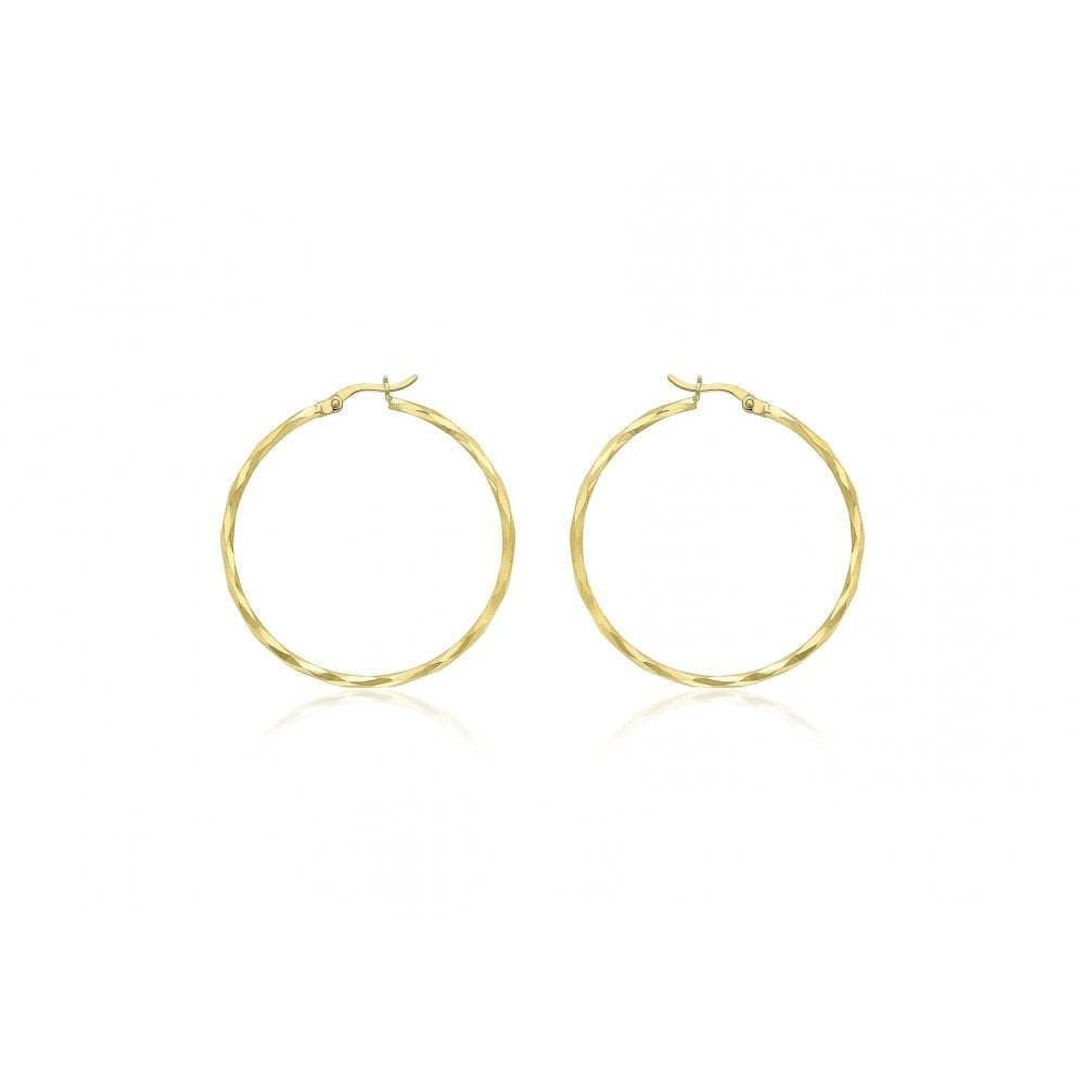 9CT YELLOW GOLD 38MM DIAMOND CUT FACETED HOOP CREOLE EARRINGS